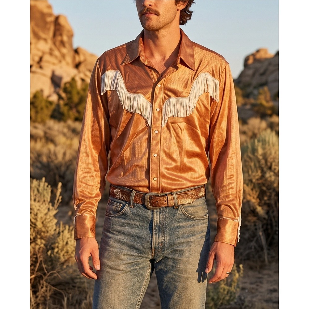 Rockmount Ranch Wear Mens 18-35 Copper Satin Fringe Western Shirt XL Pearl Snap